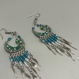 Elegant Silver and Green Beaded Earrings
